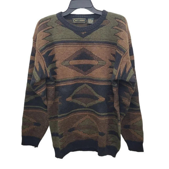 Croft & Barrow Mens Vintage 80s Funky Brown Southwestern Wool Grandpa Sweater LT - Picture 1 of 6